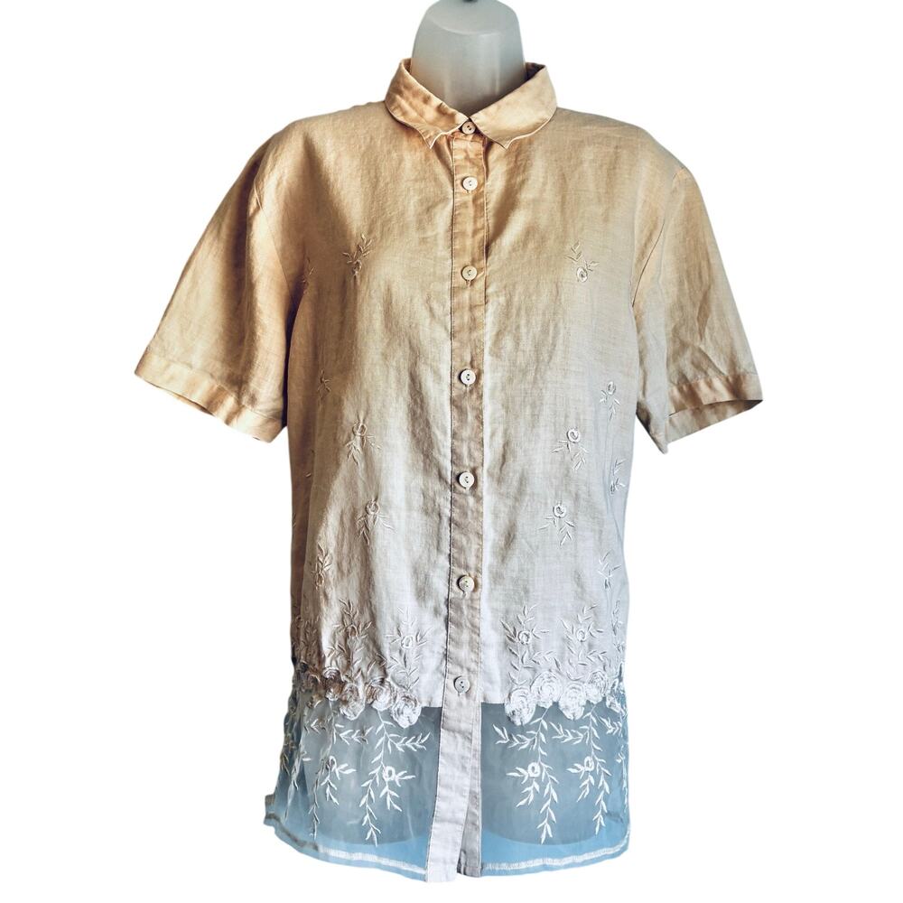 Vintage Jennifer Eden Ramie Embroidered Button Top L Sheer Hem Cottagecore Boho